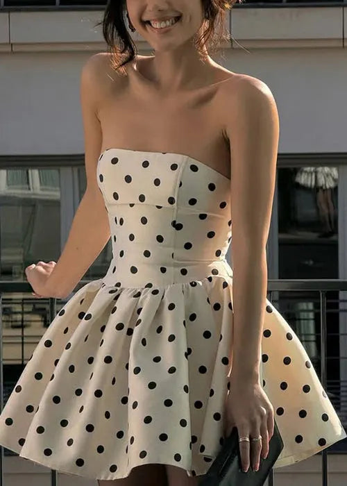 Robe mi-longue élégante blanche sans bretelles à pois en coton, sans manches