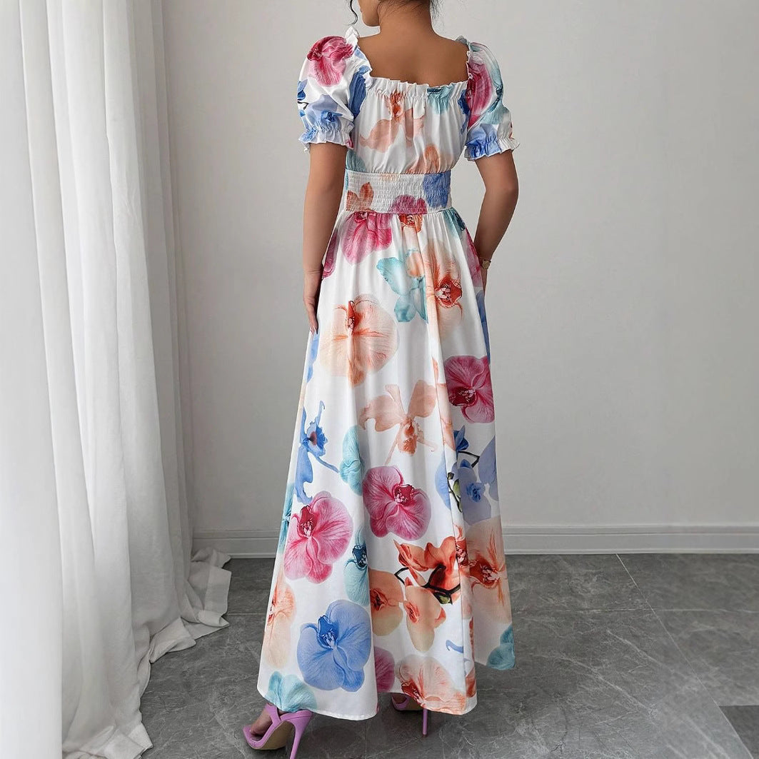 robe-de-ceremonie-longue-imprime-floral-bleu-et-peche