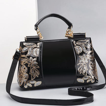 Sac en Cuir Verni avec Broderies Florales en Paillettes