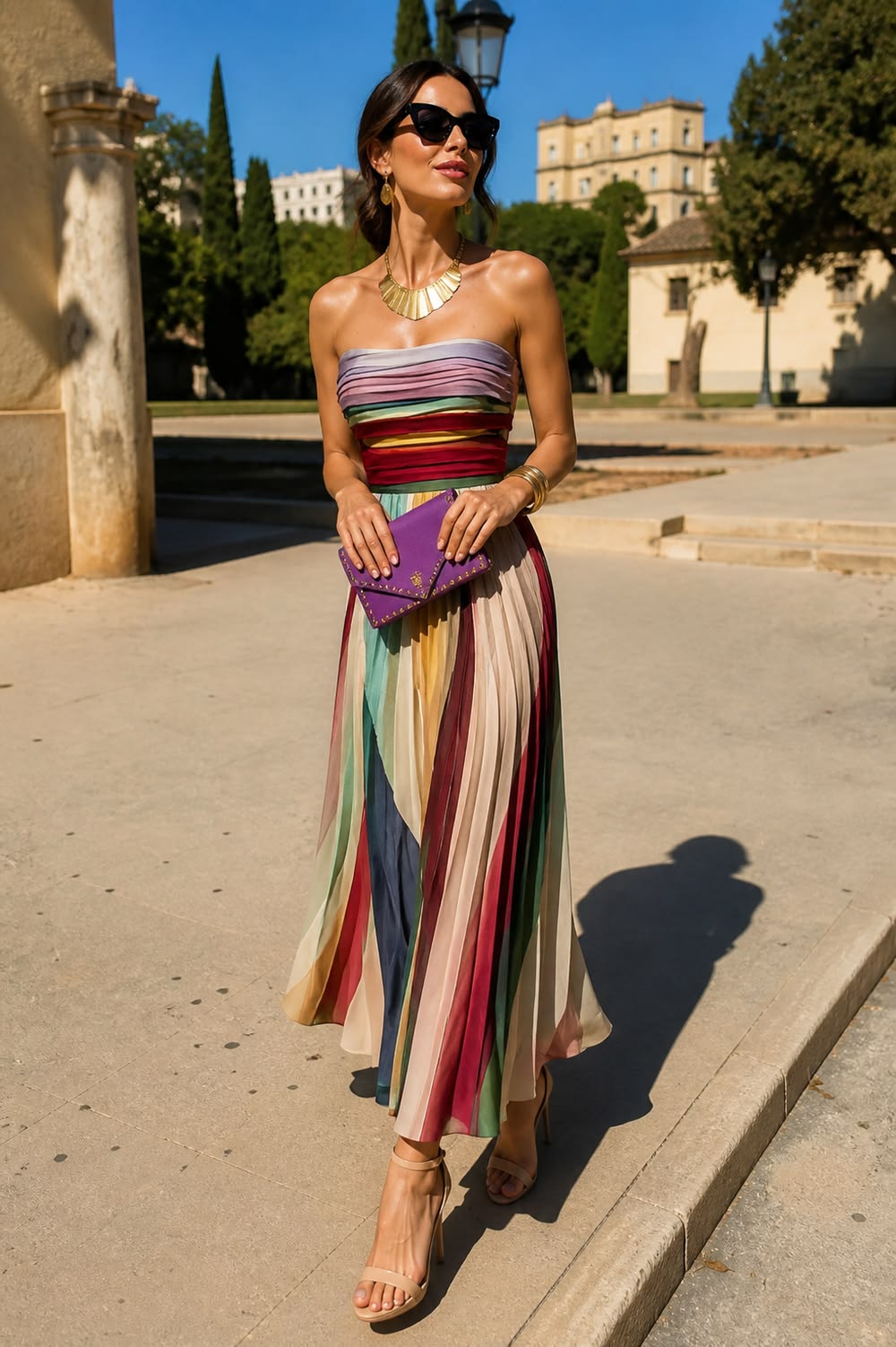 robe-de-soiree-bustier-plisse-a-rayures-femme