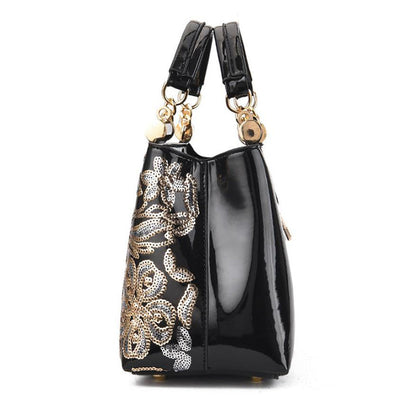 Sac en Cuir Verni avec Broderies Florales en Paillettes
