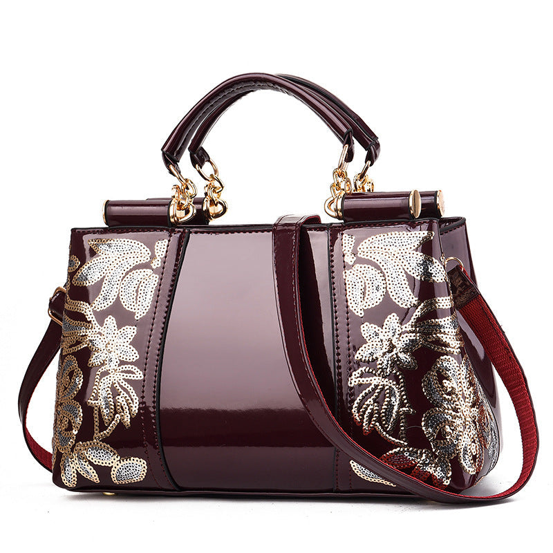 Sac en Cuir Verni avec Broderies Florales en Paillettes