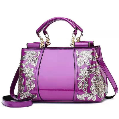 Sac en Cuir Verni avec Broderies Florales en Paillettes