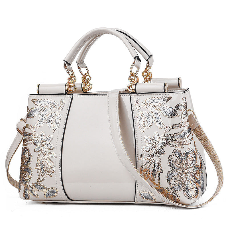 Sac en Cuir Verni avec Broderies Florales en Paillettes