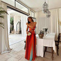 Robe longue bustier rouge et corail en dégradé pour soirée habillée