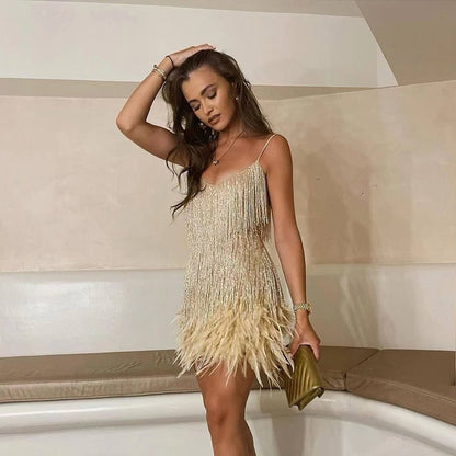 Jemima - Robe mini élégante à empiècements de plumes