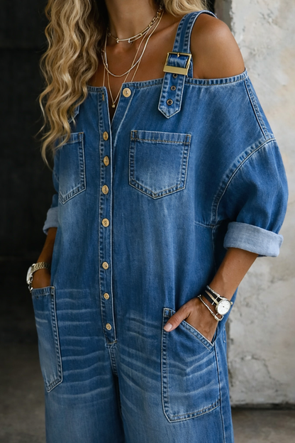 Sophia | Combinaison Denim Épaules Dénudées