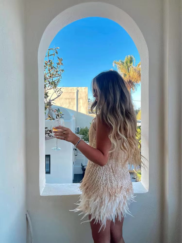 Jemima - Robe mini élégante à empiècements de plumes