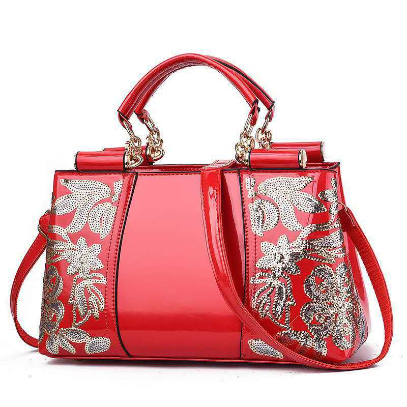 Sac en Cuir Verni avec Broderies Florales en Paillettes