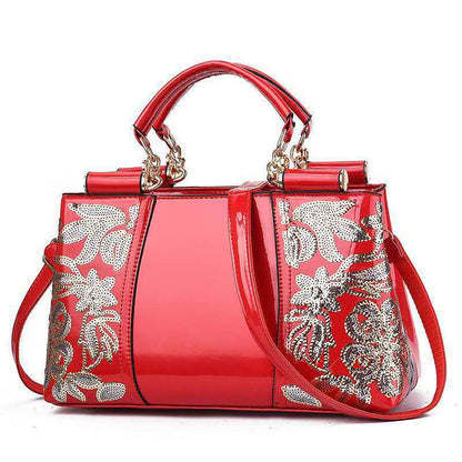 Sac en Cuir Verni avec Broderies Florales en Paillettes