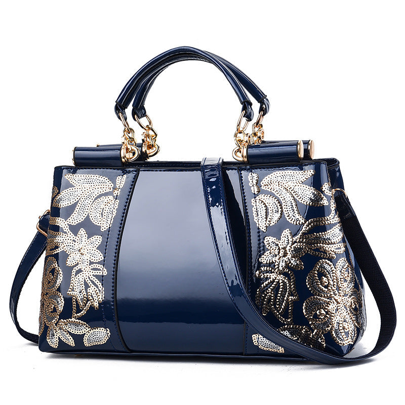 Sac en Cuir Verni avec Broderies Florales en Paillettes