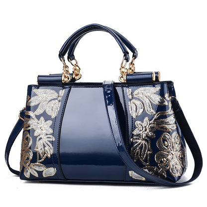 Sac en Cuir Verni avec Broderies Florales en Paillettes