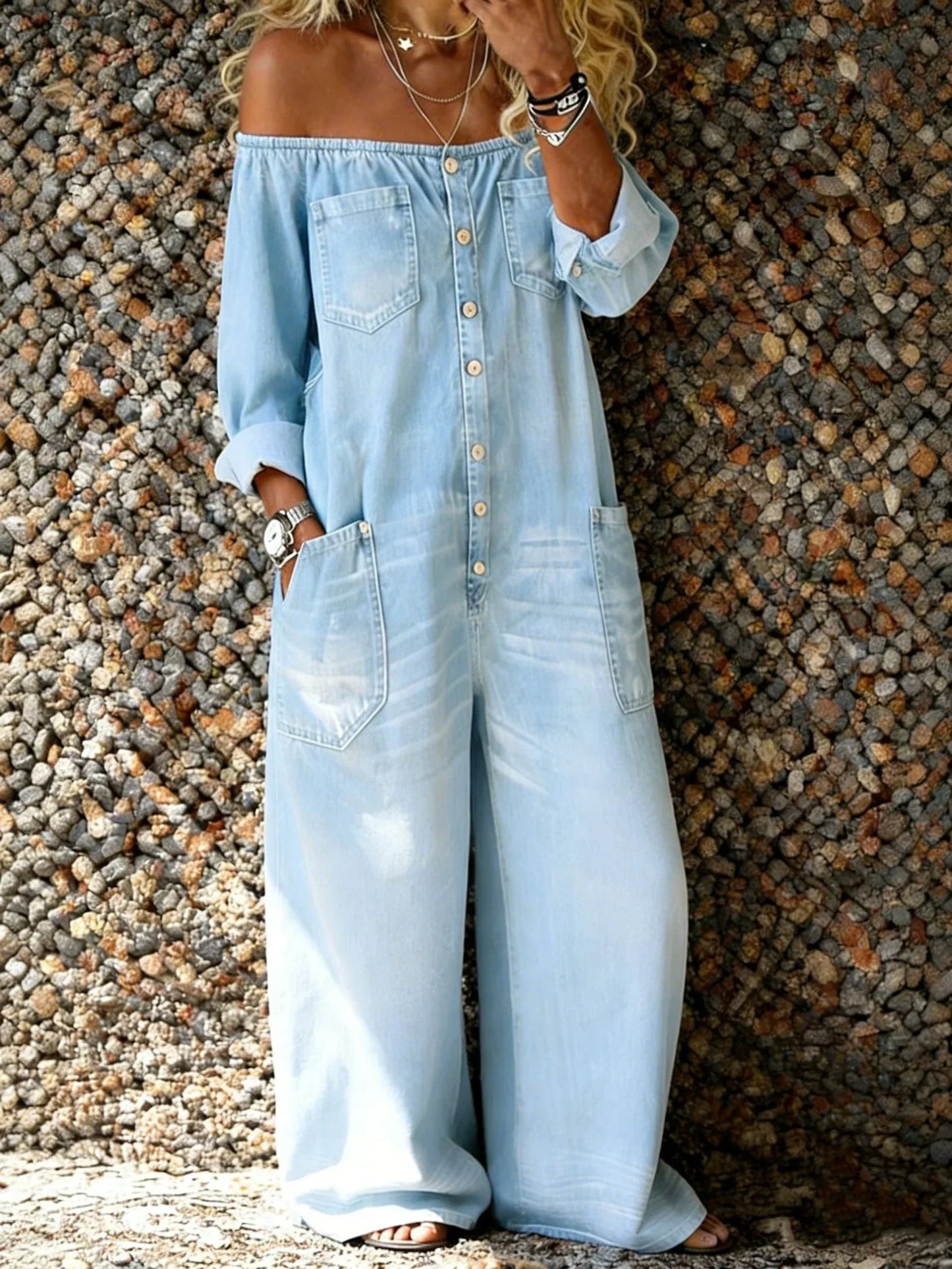 Lisine | Combinaison Denim Décontractée À Manches Longues