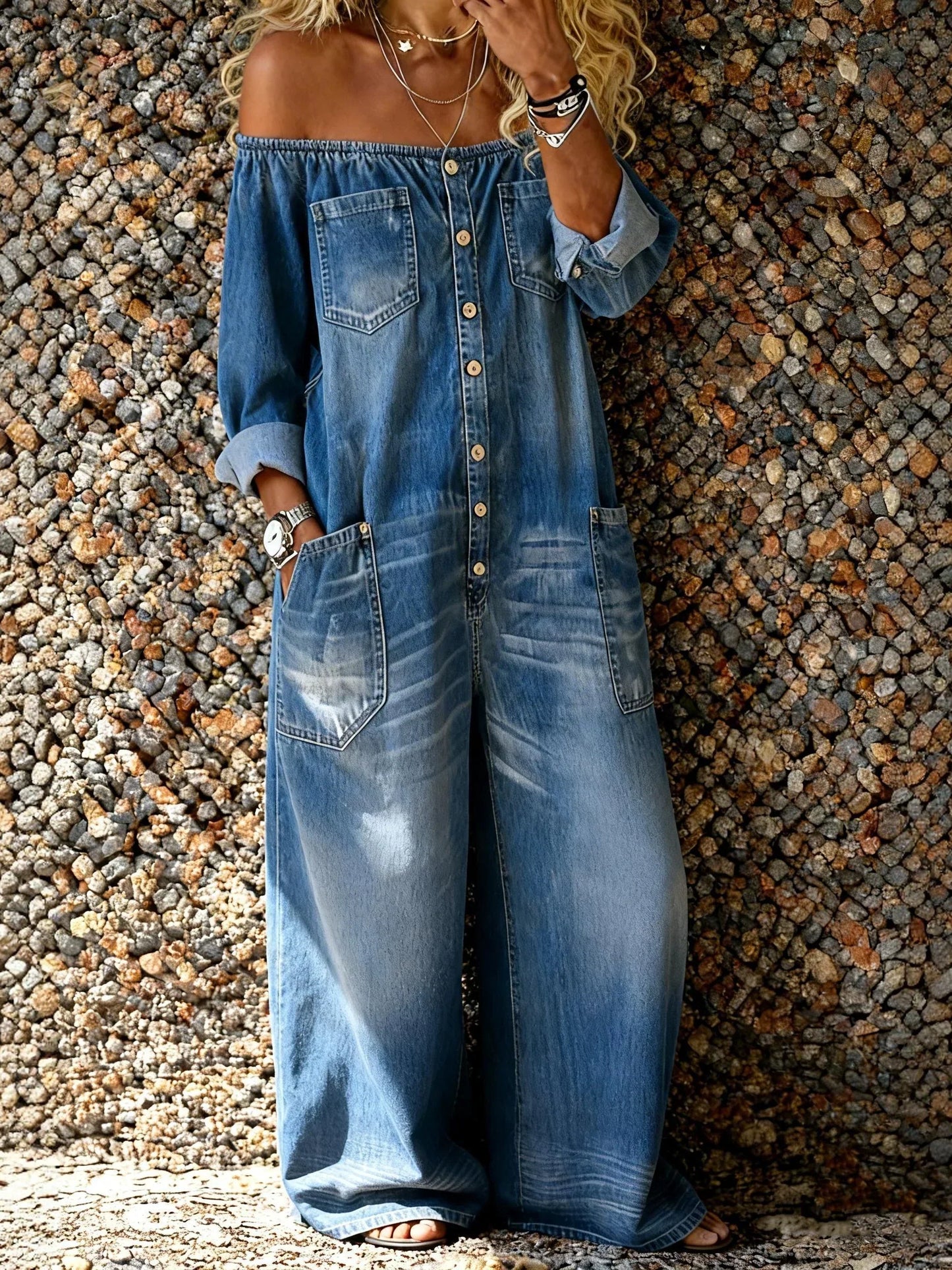 Lisine | Combinaison Denim Décontractée À Manches Longues