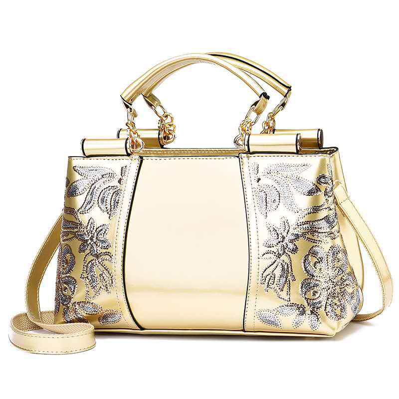 Sac en Cuir Verni avec Broderies Florales en Paillettes