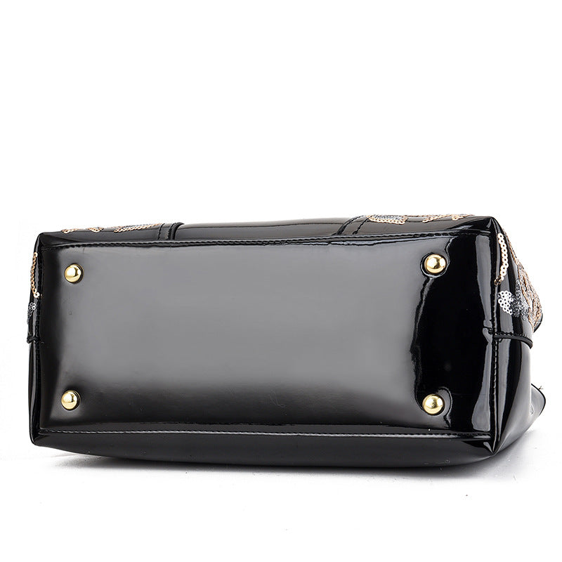 Sac en Cuir Verni avec Broderies Florales en Paillettes