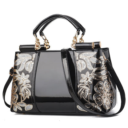 Sac en Cuir Verni avec Broderies Florales en Paillettes