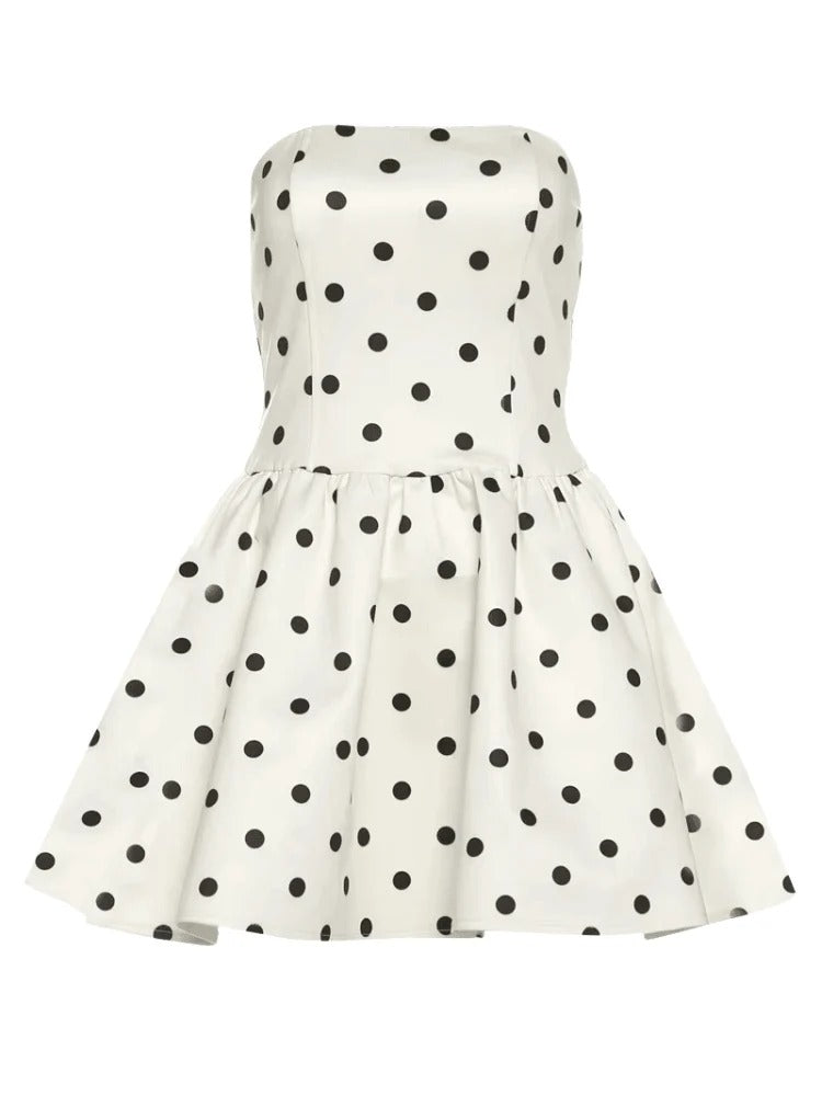 Robe mi-longue élégante blanche sans bretelles à pois en coton, sans manches