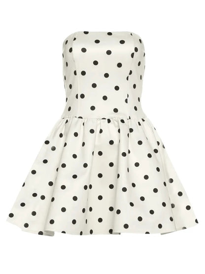 Robe mi-longue élégante blanche sans bretelles à pois en coton, sans manches
